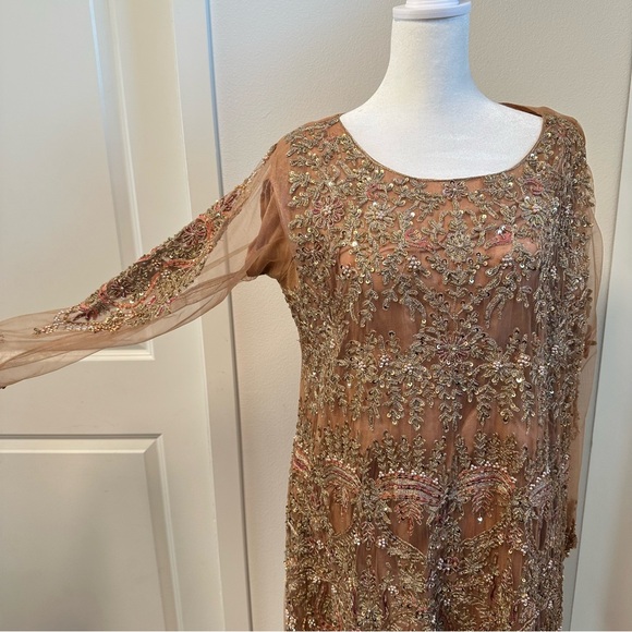 Peach Tan Embroidered 3-Piece Salwar Kameez with Net Dupatta - Picture 6 of 13